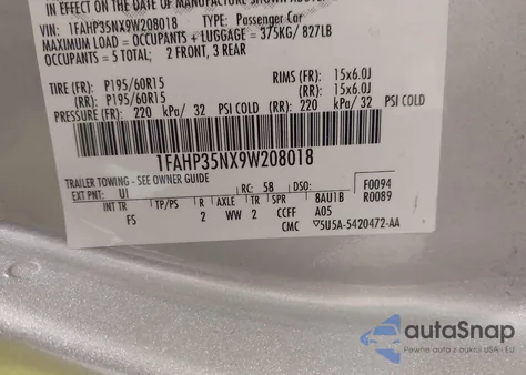 2009 Ford Focus Se z USA, uszkodzony, nr VIN 1FAHP35NX9W208018